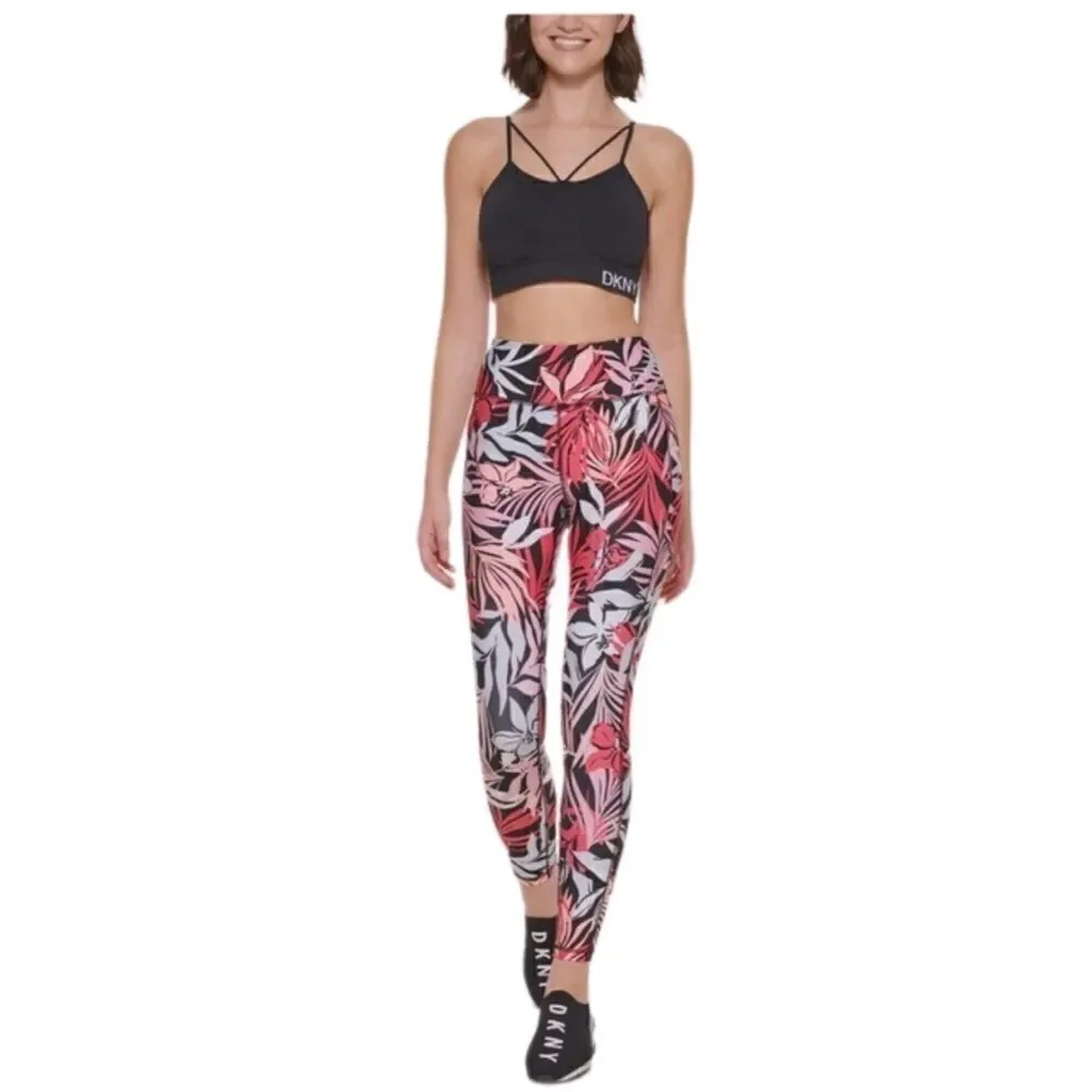 MSRP $70 Dkny Printed High-Waist 7/8 Legging Jungle Bloom Bubblegum Pink M